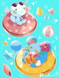 Rule 34 | animal focus, artist name, ball, beachball, blue background, blue skin, cherry, closed eyes, colored skin, commentary request, conch, creatures (company), drink, drinking straw, eyewear on head, flower, food, fruit, game freak, gen 2 pokemon, hanabusaoekaki, hibiscus, highres, ice, ice cube, marill, musical note, nintendo, no humans, open mouth, orange (fruit), orange slice, pokemon, pokemon (creature), smile, solid oval eyes, star (symbol), sunglasses, wooper
