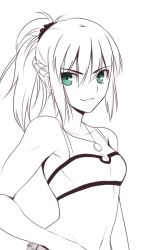 Rule 34 | 1girl, aqua eyes, armpits, bad id, bad pixiv id, bare shoulders, braid, breasts, camisole, cleavage, crop top, fate/apocrypha, fate/stay night, fate (series), green eyes, grin, hair between eyes, half up braid, jewelry, lineart, long hair, looking at viewer, midriff, monochrome, mordred (fate), mordred (fate/apocrypha), mordred (memories at trifas) (fate), navel, necklace, partially colored, ponytail, profile, scrunchie, simple background, small breasts, smile, solo, spot color, strapless, tube top, tusia, upper body