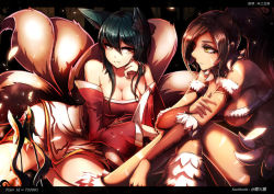 Rule 34 | 2girls, ahri (league of legends), animal ears, bare shoulders, beancurd, black hair, breasts, brown hair, cleavage, detached sleeves, fox ears, fox tail, green eyes, league of legends, letterboxed, long hair, multiple girls, multiple tails, nidalee, ponytail, tail, tattoo, yellow eyes