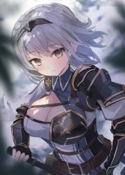 Rule 34 | 1girl, armor, belt, black gloves, breasts, brown belt, cleavage, closed mouth, fingerless gloves, gloves, green eyes, holding, holding weapon, hololive, large breasts, looking at viewer, mole, mole on breast, shirogane noel, shirogane noel (1st costume), short hair, silver hair, solarisu, solo, tiara, upper body, virtual youtuber, weapon