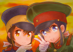 Rule 34 | 2girls, black hair, blue eyes, bow, brown eyes, brown hair, camouflage, cloud, epaulettes, gloves, hair bow, hand up, hat, imperial japanese army, imperial japanese navy, jacket, looking at viewer, m tap, military, military hat, military jacket, military uniform, multiple girls, open mouth, original, peaked cap, ponytail, sidelocks, sky, smile, soldier, star (symbol), sunset, uniform, upper body, world war ii
