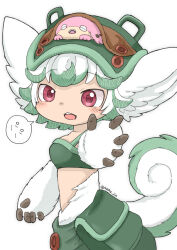 Rule 34 | 1girl, 1other, animal ear fluff, auchu jin, bra, breasts, creature on head, furry, furry female, green bag, green bra, green fur, green hair, highres, looking at viewer, made in abyss, medium bangs, medium breasts, meinya (made in abyss), open mouth, pink fur, prushka, prushka (furry), red eyes, speech bubble, tail, teeth, two-tone fur, underwear, upper teeth only, white background, white fur