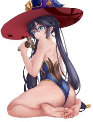 Rule 34 | 1220060931, absurdres, ass, asymmetrical bangs, barefoot, black hair, black ribbon, blue hat, blue leotard, breasts, closed mouth, eating, from behind, full body, genshin impact, green eyes, hair ribbon, hat, highres, holding, holding mushroom, leotard, long hair, medium breasts, mole, mole on ass, mona (genshin impact), mushroom, ribbon, shoulder blades, sitting, soles, strap gap, thighs, toes, transparent background, twintails, wariza, witch hat