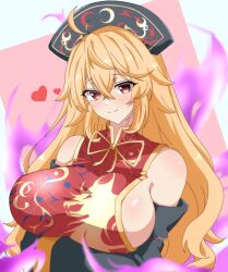 Rule 34 | 1girl, ahoge, arms under breasts, bare shoulders, blonde hair, breasts, closed mouth, commentary, detached sleeves, hands in opposite sleeves, headdress, heart, highres, junko (touhou), large breasts, long hair, looking at viewer, pink background, red eyes, sideburns, smile, solo, tabard, tasuku (tusktouhou4), touhou, upper body