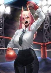 Rule 34 | 1girl, abs, absurdres, alternate breast size, alternate costume, arm up, black necktie, black pants, boxing gloves, boxing ring, breasts, chainsaw man, cleavage, collared shirt, commentary, cowboy shot, cross-shaped pupils, demon horns, hair between eyes, highres, horns, long hair, looking at viewer, medium breasts, necktie, netural, open mouth, pants, pink hair, power (chainsaw man), red eyes, shirt, shirt tucked in, shouting, solo, stage lights, symbol-shaped pupils, teeth, tsurime, white shirt