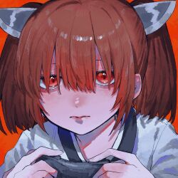 Rule 34 | 1girl, blade, brown hair, closed mouth, commentary, controller, dokusanchu, expressionless, game controller, hair over eyes, half-closed eyes, hands up, headgear, highres, holding, holding controller, holding game controller, japanese clothes, kimono, lips, long bangs, looking at viewer, orange background, portrait, red eyes, simple background, solo, touhoku kiritan, twintails, voiceroid, white kimono