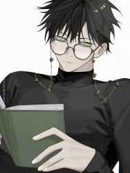 1boy black_hair black_shirt book closed_mouth eyewear_strap fushiguro_megumi glasses green_eyes hair_between_eyes highres holding holding_book jujutsu_kaisen k00s long_sleeves looking_at_viewer male_focus shirt short_hair simple_background solo upper_body white_background