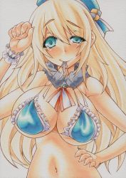 Rule 34 | 10s, 1girl, atago (kancolle), beret, bikini, bikini top only, blonde hair, blush, breasts, cleavage, green eyes, hat, kantai collection, large breasts, long hair, marker (medium), mechanical pencil, millipen (medium), mouth hold, navel, paw pose, pencil, simple background, slit pupils, solo, swimsuit, traditional media, uneven eyes, white background, yutakasan-love