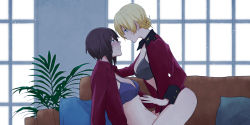 Rule 34 | 2girls, arm support, black bra, blonde hair, blue bra, blue eyes, blush, bottomless, bra, braid, breasts, brown eyes, brown hair, closed mouth, couch, darjeeling (girls und panzer), dress shirt, from side, girls und panzer, half-closed eyes, indoors, insignia, jacket, leaning back, leaning forward, light particles, long sleeves, looking at another, medium breasts, military, military uniform, multiple girls, navel, nishizumi maho, on couch, open clothes, open jacket, open shirt, parted lips, pillow, plant, red shirt, shirt, short hair, smile, st. gloriana&#039;s military uniform, straddling, sweat, underwear, uniform, window, yuri, yuuhi (arcadia)