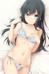 Rule 34 | 10s, 1girl, asashio (kancolle), black hair, blue bra, blue eyes, blue panties, bow, bow bra, bow panties, bra, breasts, collarbone, cowboy shot, floral print, hair between eyes, hand on own chest, highres, kantai collection, lace, lace-trimmed bra, lace-trimmed panties, lace trim, long hair, looking at viewer, lying, nagami yuu, navel, on back, panties, parted lips, print bra, print panties, side-tie panties, skindentation, small breasts, solo, strap slip, underwear, underwear only