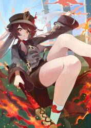 Rule 34 | 1girl, absurdres, arm up, bare legs, black hat, blue sky, boo tao (genshin impact), brown coat, brown hair, brown shorts, chinese clothes, coat, coattails, feet out of frame, fire, floating hair, flower, flower-shaped pupils, genshin impact, ghost, ginlear, glowing, grin, hat, hat flower, hat tassel, highres, holding, holding weapon, hu tao (genshin impact), jewelry, leg up, looking at viewer, mixed-language commentary, multiple rings, outdoors, plum blossoms, porkpie hat, red eyes, red flower, ring, short shorts, shorts, sky, smile, socks, solo, symbol-shaped pupils, tassel, teeth, thighs, twintails, weapon, white socks
