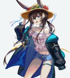 Rule 34 | 1girl, :d, amiya (arknights), animal ears, arknights, ascot, black coat, blue choker, blue shorts, bra strap, brown hair, rabbit ears, choker, clothes lift, coat, commentary request, eyewear on headwear, feet out of frame, flower, green eyes, hat, hat flower, highres, jewelry, long hair, long sleeves, looking at viewer, off-shoulder shirt, off shoulder, open clothes, open coat, open mouth, plaid, plaid skirt, ponytail, rabbit girl, shirt, shorts, sidelocks, simple background, skirt, smile, solo, spacelongcat, standing, sunglasses, thighlet, white background
