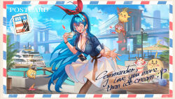 Rule 34 | 1girl, :p, absurdres, alex sap, alternate costume, antenna hair, azur lane, bird, black pantyhose, blue eyes, blue hair, blue sky, blue sleeves, blush, bracelet, brooklyn bridge, camera, chick, cloud, cloudy sky, dress, earrings, english text, food, hair intakes, hair ornament, hairband, hairclip, halter dress, halterneck, heart, highres, holding, holding photo, hoop earrings, ice cream, ice cream cone, jewelry, long hair, looking at viewer, manjuu (azur lane), new jersey (azur lane), one eye closed, one world trade center, open mouth, outdoors, pantyhose, parfait, photo (object), postcard (medium), red hairband, ring, sky, smile, tongue, tongue out, very long hair, water, wedding ring, white dress