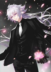 Rule 34 | 1boy, ahoge, bishounen, black background, black gloves, black jacket, black pants, black shirt, buttons, closed mouth, collared shirt, fate/grand order, fate/stay night, fate (series), flower, formal, gloves, gradient background, gradient hair, grey background, grey hair, hair between eyes, hair ornament, hand in pocket, highres, jacket, jacket on shoulders, light particles, light purple hair, light smile, long hair, long sleeves, looking at viewer, male focus, merlin (fate/stay night), multicolored hair, necktie, pants, petals, pink flower, purple eyes, shirt, simple background, smile, solo, standing, suit, terai (teraimorimori), white background, white hair, white necktie, wind