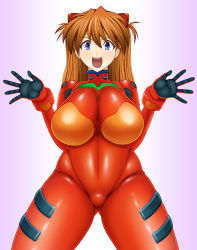 Rule 34 | 1girl, adapted costume, alternate breast size, blue eyes, blush, bodysuit, breasts, brown hair, curvy, gradient background, hair ornament, highres, large breasts, lips, long hair, looking at viewer, neon genesis evangelion, pixiv1478062, plugsuit, red bodysuit, shiny clothes, shiny skin, skin tight, smile, solo, souryuu asuka langley, two side up, very long hair