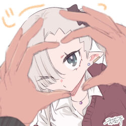 Rule 34 | 1girl, 1other, black scrunchie, breasts, brown cardigan, cardigan, collared shirt, dress shirt, ear piercing, earrings, grey eyes, grey hair, hair ornament, hair over one eye, hair scrunchie, ishikawa luna, jewelry, long sleeves, nikki kyousuke, original, piercing, pointy ears, scrunchie, shirt, side ponytail, signature, simple background, small breasts, snoot challenge, stud earrings, upper body, white background, white shirt