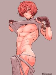 Rule 34 | 1boy, abs, arm tattoo, ass, blush, bulge, erection, erection under clothes, fate/grand order, fate (series), fuuma kotarou (fate), grey background, highres, kamenakake, looking at viewer, nipples, nude, penis, red hair, short hair, standing, tattoo, trap