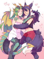Rule 34 | 2girls, absurdres, animal ears, animal hands, between legs, blouse, blue eyes, blue hair, blush, breasts, camisole, closed eyes, couple, dragon girl, dress, fang, fang out, fire emblem, fire emblem awakening, frogbians, full body, green hair, hair between eyes, highres, jewelry, kid icarus, kid icarus uprising, legs together, long hair, lucina (fire emblem), monster girl, multiple girls, navel, nintendo, palutena, pink background, scales, shirt, shorts, sleeveless, sleeveless shirt, smile, super smash bros., tail, tail between legs, tiara, werewolf, wings, wolf ears, wolf tail, yuri
