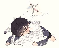 2boys animalization black_shorts blush closed_eyes ear_licking full_body hair_between_eyes hood hoodie ilay_riegrow jeong_taeui jinsimpunch licking licking_another&#039;s_cheek licking_another&#039;s_face long_sleeves lying male_focus multiple_boys on_floor passion_(manhwa) short_hair shorts snow_leopard speech_bubble thought_bubble tongue tongue_out yaoi