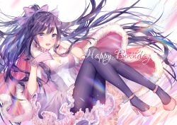 Rule 34 | 1girl, absurdres, black hair, black pantyhose, bow, breasts, cape, cleavage, date a live, floating hair, fur-trimmed cape, fur trim, gloves, hair between eyes, hair bow, happy birthday, high heels, highres, kity1211 tetsu, layered skirt, long hair, looking at viewer, medium breasts, miniskirt, pantyhose, pink footwear, pumps, purple bow, purple eyes, purple gloves, purple skirt, red cape, shiny clothes, skirt, sleeveless, solo, very long hair, white background, yatogami tooka