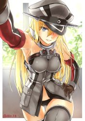 Rule 34 | 10s, 1girl, abo (hechouchou), bare shoulders, bismarck (kancolle), black panties, blonde hair, blue eyes, blush, breasts, detached sleeves, female focus, gloves, grey thighhighs, hand on own hip, hat, hat over one eye, highres, kabedon, kantai collection, large breasts, long hair, looking at viewer, military, military hat, military uniform, panties, peaked cap, smile, solo, thighhighs, underwear, uniform