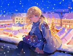 Rule 34 | 10s, 1girl, anchor hair ornament, badge, black skirt, blonde hair, blue eyes, blush, building, buttons, cape, carousel, christmas market, christmas tree, church, commentary, cross, fir tree, gift, gloves, hair between eyes, hair ornament, hand on own chest, house, iron cross, kantai collection, knees together feet apart, long sleeves, looking at viewer, low twintails, night, night sky, pleated skirt, prinz eugen (kancolle), short hair, sitting, skirt, sky, snow, snowflakes, snowing, solo, thighhighs, thighs, tousaki umiko, town, tree, twintails, white gloves, zettai ryouiki