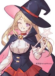 Rule 34 | 1girl, akamatsu kaede, black cape, black hat, black skirt, breasts, cape, choker, corset, cowboy shot, dress shirt, ewa (seraphhuiyu), fortissimo, grin, hair ornament, hat, highres, large breasts, long hair, long sleeves, musical note, musical note hair ornament, official alternate costume, one eye closed, pink cape, red choker, red skirt, shirt, simple background, skirt, smile, solo, star (symbol), teeth, two-tone cape, wand, white background, witch, witch hat