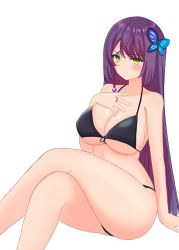 Rule 34 | 1girl, :/, arm at side, assault lily, bare arms, bare legs, bare shoulders, bikini, black bikini, blush, braid, breasts, butterfly hair ornament, cleavage, closed mouth, collarbone, commentary, crossed legs, feet out of frame, front-tie bikini top, front-tie top, funada kiito, green eyes, hair ornament, halterneck, hand on own chest, hand up, highres, jewelry, large breasts, long hair, looking at viewer, mole, mole under eye, purple hair, ring, side braid, simple background, single braid, sitting, solo, string bikini, swimsuit, ueda (ueeeeeeeee1006), underboob, very long hair, white background