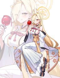 Rule 34 | 1girl, :q, absurdres, animal ears, bare shoulders, blonde hair, blue archive, blush, breasts, candy apple, detached sleeves, floral print, food, hair over one eye, hairband, halo, heart, highres, holding, holding food, japanese clothes, kaho (blue archive), large breasts, long hair, minj kim, orange eyes, orange hairband, platform clogs, sideboob, simple background, tongue, tongue out, very long hair, white background, wide sleeves, zoom layer