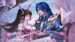 Rule 34 | 1boy, 1girl, absurdres, artist request, bare shoulders, blue eyes, blue hair, blue sky, bug, butterfly, cherry blossoms, closed mouth, cloud, couple, douluo dalu, dress, glitter, highres, holding hands, insect, lantern, light particles, long hair, no pupils, pink dress, pink eyes, ponytail, railing, second-party source, sky, tang san, upper body, xiao wu (douluo dalu)