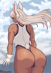 Rule 34 | 1girl, animal ears, artist name, ass, boku no hero academia, breasts, dark-skinned female, dark skin, from behind, gloves, highres, huge ass, leafsanty, leotard, long hair, looking at viewer, looking back, mirko, partially visible vulva, rabbit ears, rabbit girl, rabbit tail, red eyes, sky, thick thighs, thighs, white gloves, white hair, white leotard