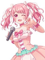 Rule 34 | bang dream! girls band party!, highres, looking at viewer, maruyama aya, medium hair, microphone, open mouth, simple background, smile, twintails, yazawa happyaro