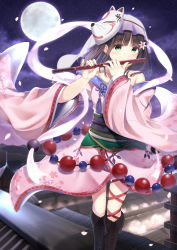 Rule 34 | 1girl, absurdres, bare shoulders, black footwear, boots, brown hair, building, collarbone, commentary request, cross-laced footwear, flower, flute, fox mask, full moon, green eyes, hagoromo, hair flower, hair ornament, highres, holding, holding instrument, instrument, japanese clothes, kimono, kinakomochi (egoist), knee boots, lace-up boots, long hair, long sleeves, mask, mask on head, moon, music, night, night sky, obi, off shoulder, original, outdoors, petals, pink flower, pink kimono, playing instrument, rooftop, sash, shawl, sky, solo, standing, star (sky), starry sky, veil, wide sleeves