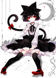 Rule 34 | 1girl, absurdres, artist name, black bow, black bowtie, black choker, black hair, black skirt, black thighhighs, blouse, bow, bowtie, cat tail, choker, earrings, eyelashes, frilled shirt collar, frills, full body, hair between eyes, hair bow, hand up, high heels, highres, jewelry, long sleeves, looking at viewer, nail polish, original, petticoat, pumps, red eyes, red footwear, red nails, shadow, sheya, shirt, short hair, signature, simple background, sitting, skirt, smile, solo, suspenders, tail, tail bow, tail ornament, thighhighs, thighs, white background, white shirt, zettai ryouiki