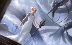 Rule 34 | 10s, 1girl, absurdres, blonde hair, diego cunha, dress, final fantasy, final fantasy xv, highres, jewelry, leviathan (final fantasy), lunafreya nox fleuret, monster, necklace, polearm, sleeveless, sleeveless dress, spear, square enix, trident, weapon, white hair