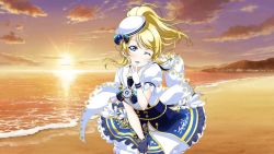 Rule 34 | 1girl, ;), anchor print, anchor symbol, aqua bow, artist name, artist request, asymmetrical gloves, ayase eli, beach, blonde hair, blue bow, blue eyes, blue gloves, blue shirt, blue skirt, blush, bow, bow earrings, bowtie, breasts, center frills, cloud, collarbone, day, dress, dress shirt, earrings, female focus, frilled skirt, frills, gloves, hair between eyes, hat, hat bow, high ponytail, jewelry, long hair, looking at viewer, love live!, love live! school idol festival, love live! school idol project, miniskirt, mismatched gloves, ocean, one eye closed, outdoors, parted lips, plaid, plaid skirt, pleated, pleated skirt, ponytail, puffy short sleeves, puffy sleeves, sailor collar, sailor hat, shirt, short hair, short sleeves, skirt, sky, small breasts, smile, solo, star (symbol), star print, sunset, suspender skirt, suspenders, white gloves, white hat, white sailor collar, white shirt, white skirt, wink