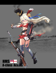 Rule 34 | 1girl, absurdres, acasta (warship girls r), anchor, ass, belt, black footwear, black hat, black shirt, blue ribbon, breasts, character name, coat, cropped jacket, damaged, emblem, from behind, full body, gauntlets, glasses, grey thighhighs, gun, hair ornament, hat, highres, hms acasta, holding, holding weapon, long hair, long sleeves, looking at viewer, looking back, machinery, military, military uniform, military vehicle, no bra, official art, panties, photo background, red-framed eyewear, red coat, red skirt, ribbon, rifle, saber (weapon), ship, shirt, shoes, sirills, skirt, small breasts, smoke, solo, standing, sword, text focus, thighhighs, torn clothes, torpedo, underwear, uniform, union jack, united kingdom, warship, warship girls r, watercraft, weapon, white belt, white ensign, white hair, white panties