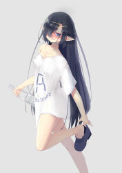 Rule 34 | 1girl, absurdres, black footwear, black hair, blue eyes, bottle, clothes writing, covered erect nipples, fang, foot out of frame, hair ornament, hair over one eye, hairclip, highres, holding, holding bottle, kearful, long hair, long shirt, looking at viewer, loose clothes, loose shirt, off-shoulder shirt, off shoulder, one eye covered, original, pointy ears, putting on shoes, rimless eyewear, shirt, skin fang, smile, smug, standing, standing on one leg, very long hair, white shirt