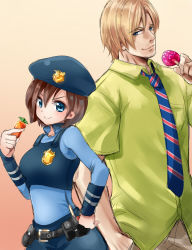 Rule 34 | 1boy, 1girl, blonde hair, blue eyes, breasts, brown hair, closed mouth, cosplay, hat, jill valentine, leon s. kennedy, looking at viewer, nagare, resident evil, resident evil 1, resident evil 2, short hair, simple background, smile, zootopia