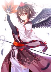 Rule 34 | 1girl, black hair, bridal gauntlets, brown hair, dabadhi, expressionless, feathers, female focus, hand fan, hat, highres, looking at viewer, pointy ears, red eyes, shakujou, shameimaru aya, short hair, solo, staff, thighhighs, tokin hat, touhou, white thighhighs, wings