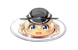 Rule 34 | :d, blonde hair, blue eyes, commentary request, food, foodification, hat, highres, ijima yuu, kantai collection, name connection, object namesake, objectification, open mouth, peaked cap, plate, prinz eugen (kancolle), pudding, smile, twintails