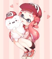 Rule 34 | 1girl, :p, apple, bad id, bad twitter id, baseball cap, bike shorts, blue eyes, character request, food, fruit, hair ornament, hat, highres, hug, inkling, inkling girl, inkling player character, long hair, mask, nintendo, pink hair, pointy ears, shirt, shoes, short hair with long locks, shorts, smile, sprbouuz, squatting, tentacle hair, tongue, tongue out, twintails