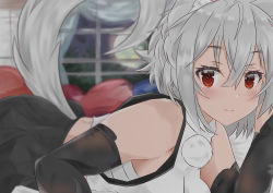 Rule 34 | 1girl, absurdres, animal ear fluff, animal ears, bad id, bad nicoseiga id, bandages, bare shoulders, black gloves, black skirt, blush, breasts, commentary request, curtains, elbow gloves, full moon, gloves, hair between eyes, hand up, highres, indoors, inubashiri momiji, looking at viewer, lying, medium breasts, midriff peek, moon, night, night sky, on stomach, pillow, pom pom (clothes), red eyes, regua, sarashi, shirt, short hair, sidelocks, silver hair, skirt, sky, sleeveless, sleeveless shirt, smile, solo, tail, touhou, upper body, white shirt, window, wolf ears, wolf tail