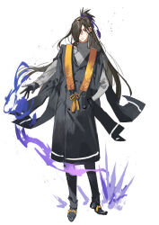 Rule 34 | 1boy, black coat, black eyes, black footwear, black gloves, black hair, black pants, closed mouth, coat, expressionless, gloves, grey shirt, hair ornament, hair over one eye, hand in pocket, highres, kyouichi, layered sleeves, long hair, long sleeves, looking at viewer, magic, male focus, original, pants, ponytail, shirt, shoes, simple background, solo, standing, stole, tassel, tassel hair ornament, turtleneck, white background