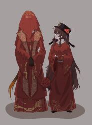 Rule 34 | 1boy, 1girl, absurdres, belt, black headwear, blush, bridal veil, bride, brown hair, china dress, chinese clothes, chinese commentary, chinese knot, couple, dress, flower, full body, genshin impact, groom, hair between eyes, hanfu, hat, hat flower, highres, honggaitou, hu tao (genshin impact), long hair, long sleeves, looking at another, plum blossoms, ponytail, porkpie hat, red eyes, role reversal, shoes, sidelocks, standing, tiankou1231, translation request, twintails, veil, very long hair, wedding, wedding dress, zhongli (genshin impact)