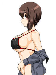 Rule 34 | 1girl, bare shoulders, bikini, black bikini, bottomless, breasts, brown eyes, brown hair, cleavage, closed mouth, commentary request, covered erect nipples, from side, girls und panzer, grey shirt, highres, kuromorimine school uniform, large breasts, long sleeves, looking at viewer, looking to the side, nishizumi maho, official alternate costume, oosaka kanagawa, open clothes, open shirt, profile, school uniform, shirt, short hair, sideboob, sideways glance, simple background, solo, swimsuit, upper body, white background