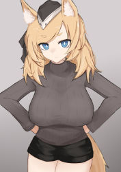 Rule 34 | 1girl, alternate costume, animal ears, arknights, black shorts, blonde hair, blue eyes, breasts, bright pupils, brown sweater, closed mouth, cowboy shot, gradient background, grey background, hands on own hips, highres, horse ears, horse girl, horse tail, impossible clothes, impossible sweater, kitorakito, large breasts, long hair, long sleeves, looking at viewer, short shorts, shorts, smile, solo, sweater, swept bangs, tail, whislash (arknights)