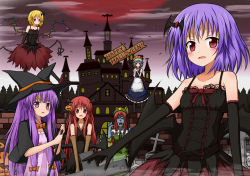 Rule 34 | 6+girls, :d, :o, alternate costume, alternate headwear, apron, bad id, bad pixiv id, bare shoulders, bat (animal), bat hair ornament, bat wings, bell tower, black dress, black gloves, blonde hair, blue dress, blue hair, blue skin, blush, braid, brown gloves, capelet, china dress, chinese clothes, colored skin, cross, dress, elbow gloves, english text, female focus, flandre scarlet, full moon, gloves, gothic lolita, graveyard, hair ornament, hairpin, halloween, hat, head wings, hong meiling, izayoi sakuya, jack-o&#039;-lantern, karamoneeze, knife, knifed, koakuma, laevatein, lolita fashion, long hair, low wings, missing eye, moon, multiple girls, night, no headwear, no headwear, open mouth, outstretched arms, patchouli knowledge, pink dress, pumpkin, pumpkin hat, purple eyes, purple hair, red eyes, red hair, red moon, remilia scarlet, scarlet devil mansion, shirt, short hair, sidelocks, silver hair, skirt, skirt set, smile, staff, standing, standing on one leg, star (symbol), embodiment of scarlet devil, throwing knife, touhou, twin braids, v arms, very long hair, waist apron, weapon, wings, witch hat, zombie, zombie pose