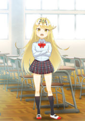Rule 34 | 1girl, aged down, black socks, blonde hair, blouse, blush, bow, bowtie, chair, collared shirt, desk, highres, indoors, legs apart, long hair, mythra (xenoblade), nintendo, red bow, red bowtie, school chair, school desk, school uniform, shirt, shoes, socks, solo, standing, uwabaki, v-shaped eyebrows, very long hair, white shirt, xenoblade chronicles (series), xenoblade chronicles 2