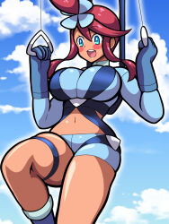 1girl blue_sky blush breasts cloud creatures_(company) crop_top dark-skinned_female dark_skin game_freak gloves inabakun00 large_breasts long_hair long_sleeves nintendo parachute pokemon pokemon_bw red_hair shorts sky skyla_(pokemon) smile thick_thighs thighs